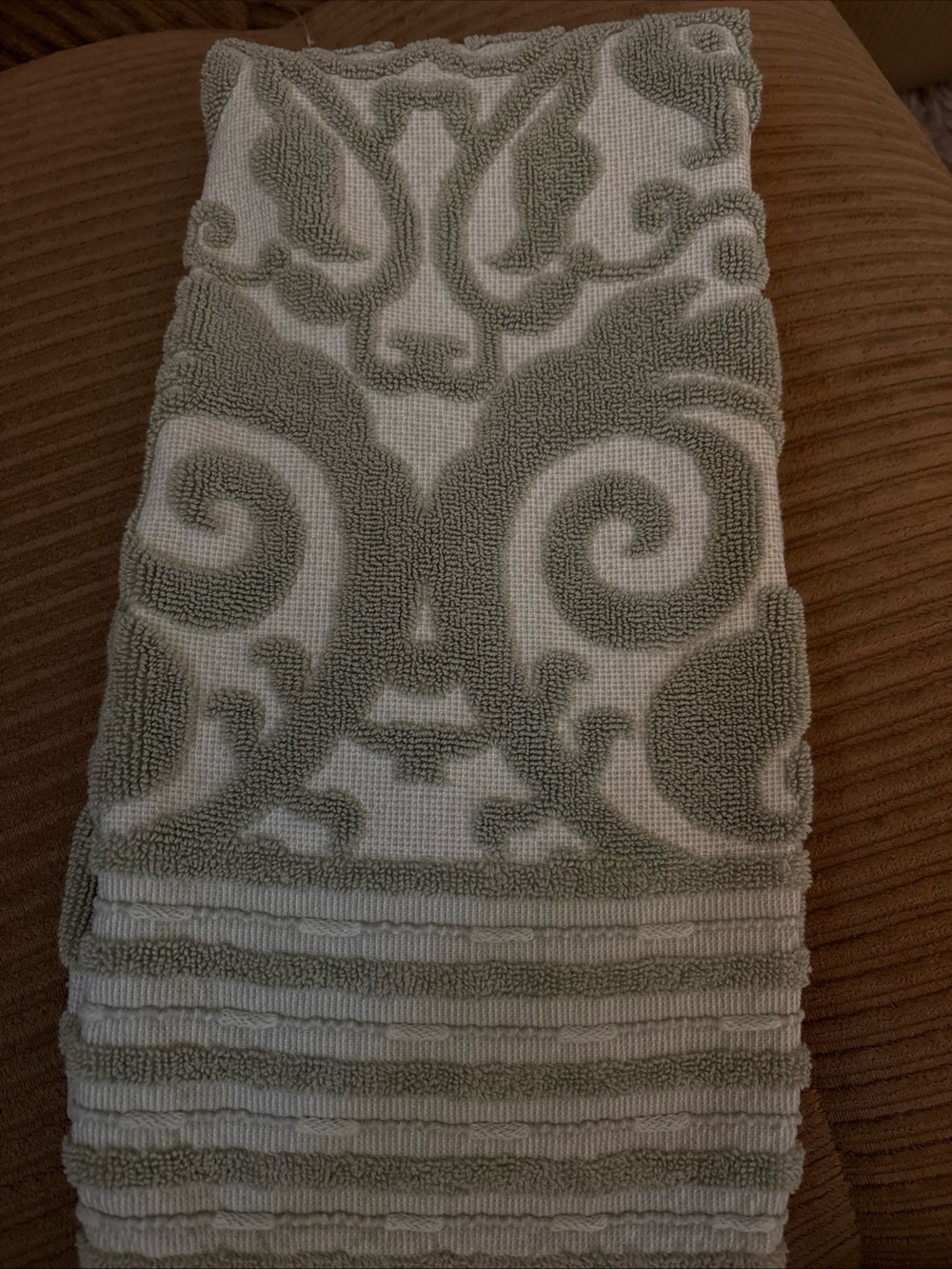 Cost Plus World Market Sage Green and White Decorative Hand Towel